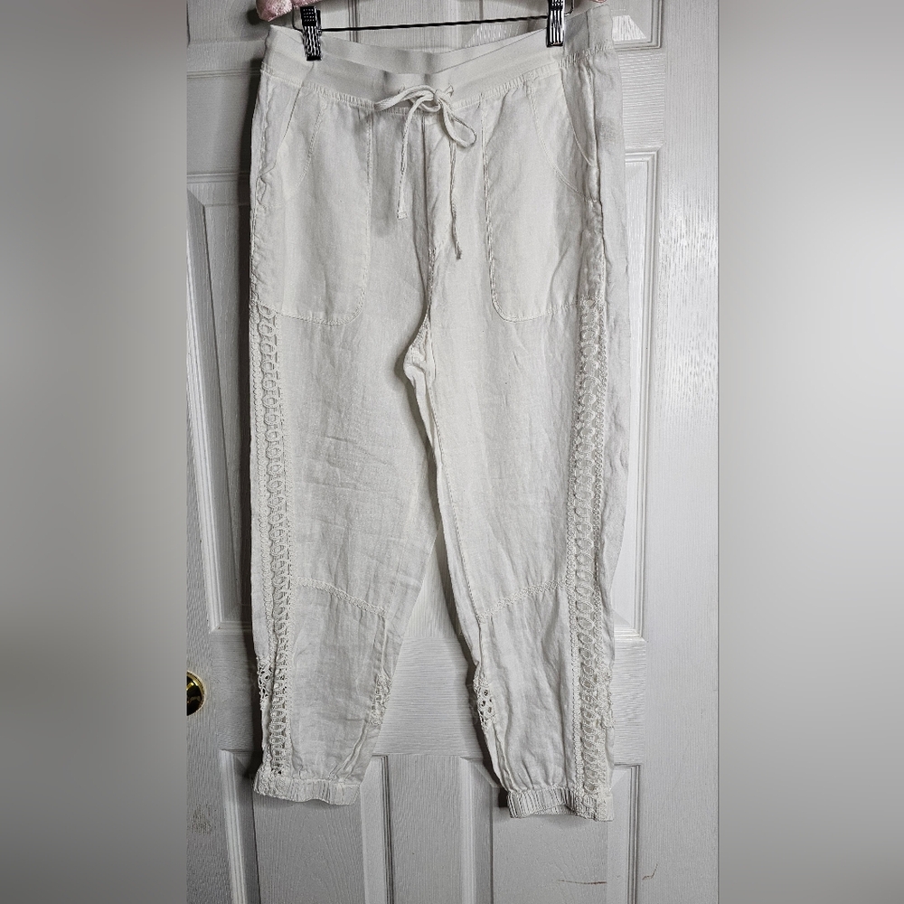 XCVI White Linen Cropped Pants Lace Crochet Inset Drawstring Waist Women Small